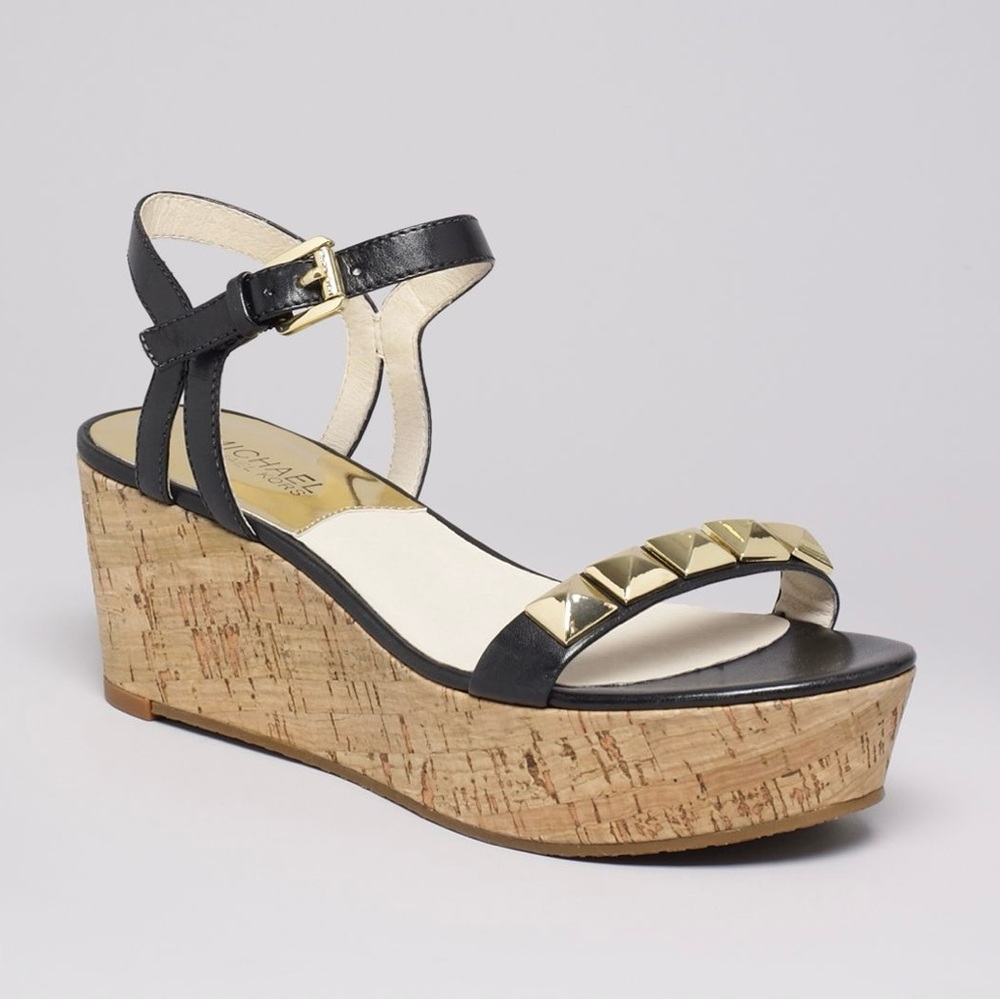 Michael Kors Black Leather Gold Stud wedge sandals Size 10M